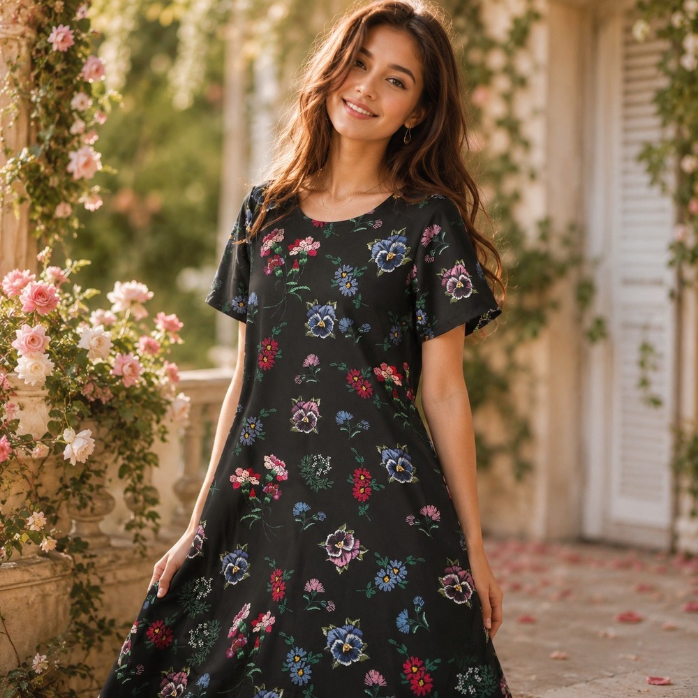 Hyacinth House Black‎ Floral Shift Mini Dress Sz XL Short Sleeve Cottage Hemmed